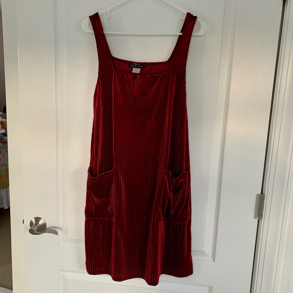 Red Velvet Ribbed Dress with Pockets